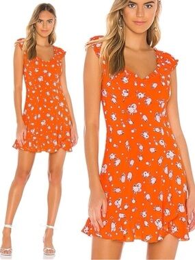 Free People Like A Lady Linen Mini Dress in Orange  Medium Fruit Ruffles Picnic